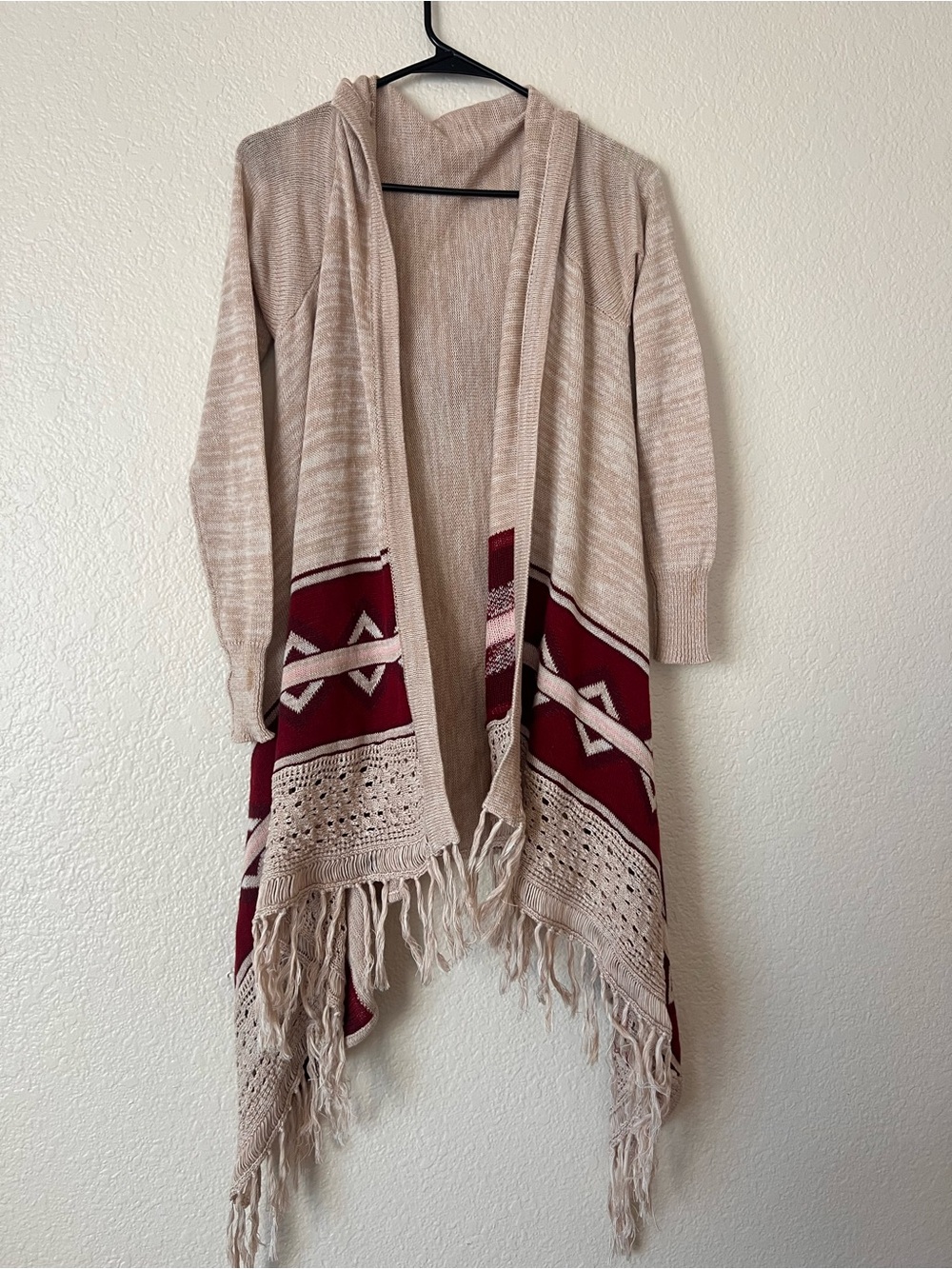 Full Tilt Beige Open-Front Fringe Cardigan with Burgundy Tribal Panels